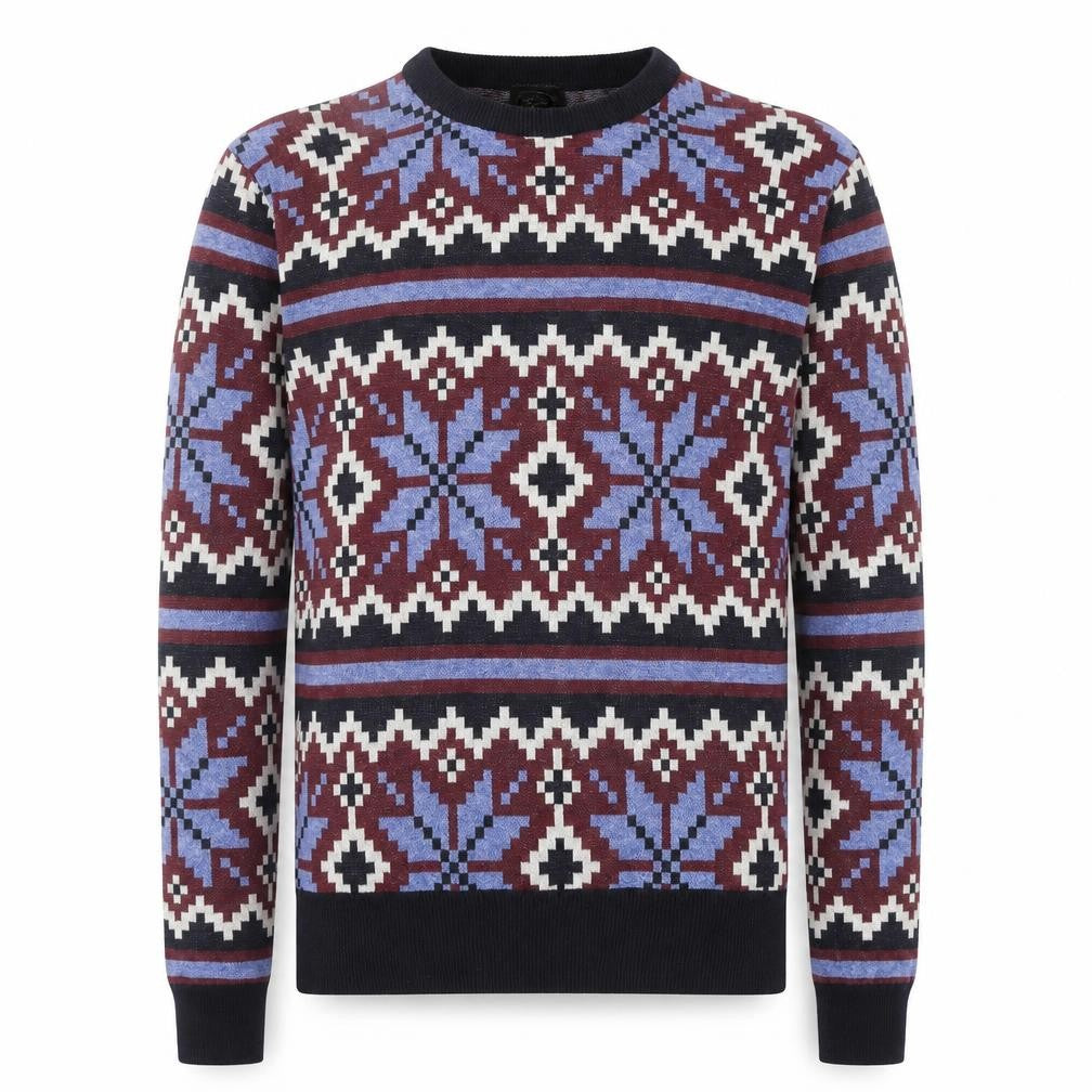 Front view of Le Breve Men's Blue Fair Isle Knit jumper, size M