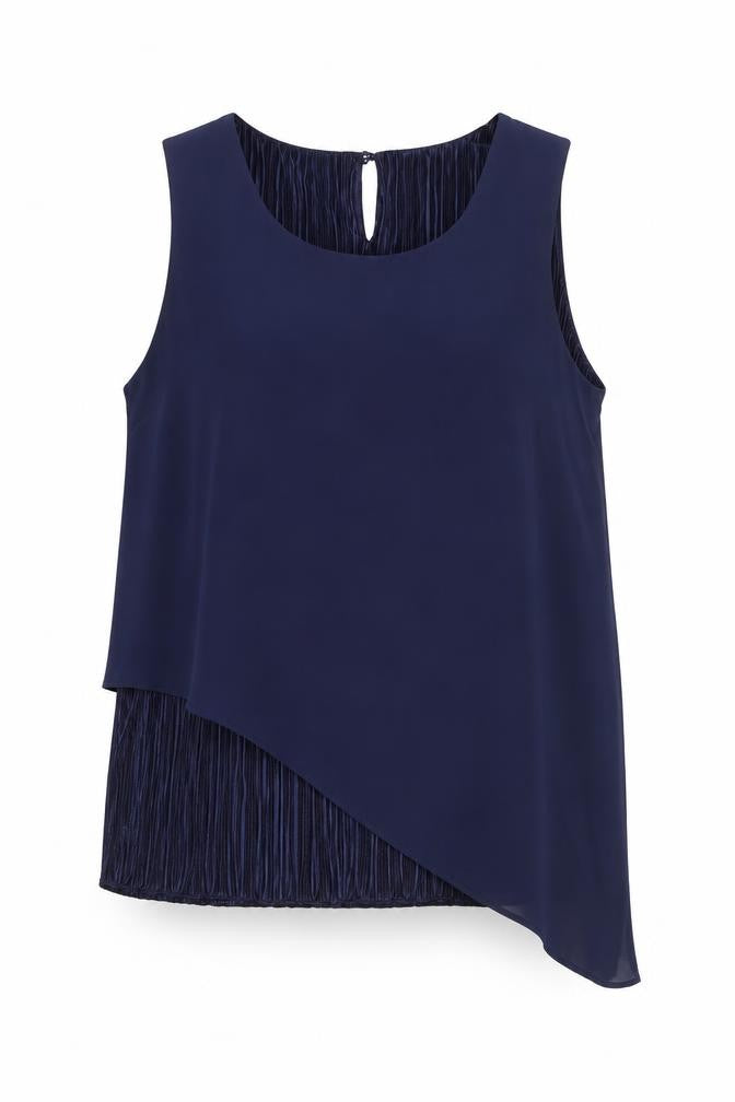 Front view of Klass Women Navy Blue Asymmetrical Sleeveless Blouse, size 20