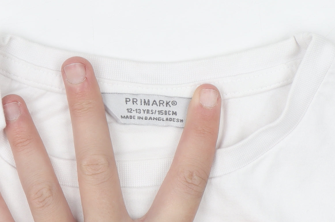 Primark Girls White 12-13 Years Cropped Cotton T-Shirt
