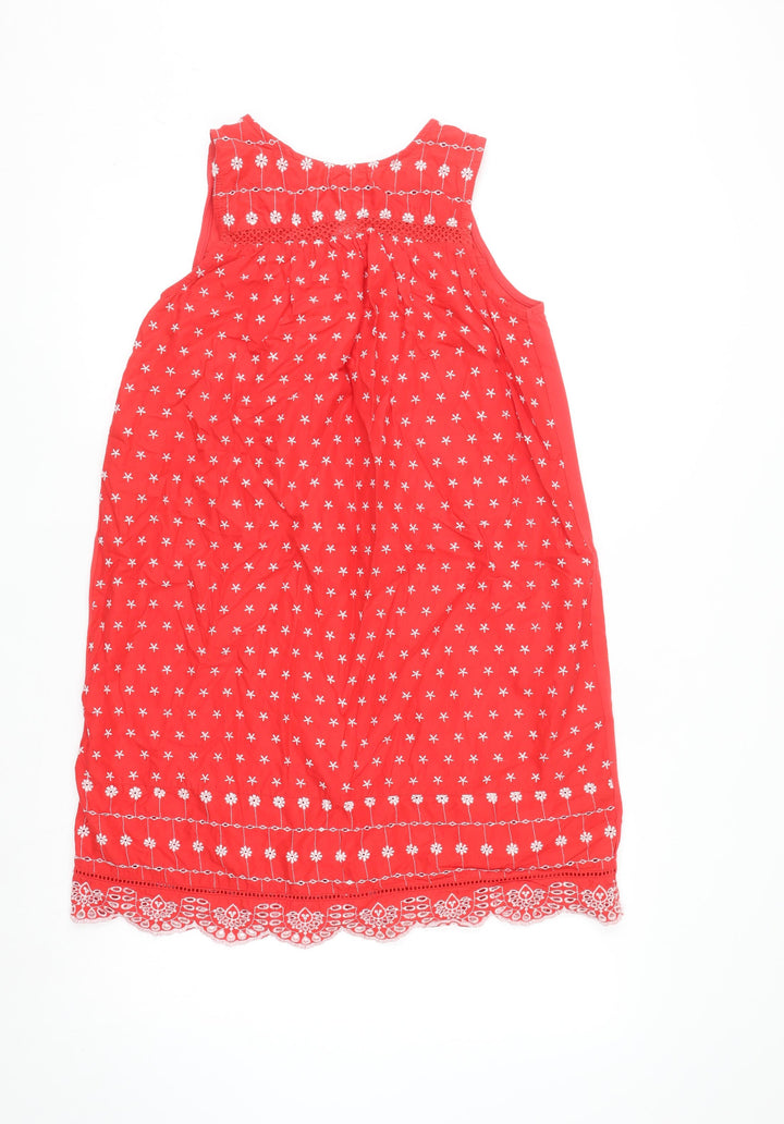 Next Women Red Cotton Embroidered Shift Dress Size 10 Summer Casual