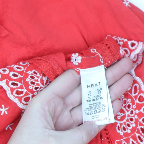 Next Women Red Cotton Embroidered Shift Dress Size 10 Summer Casual
