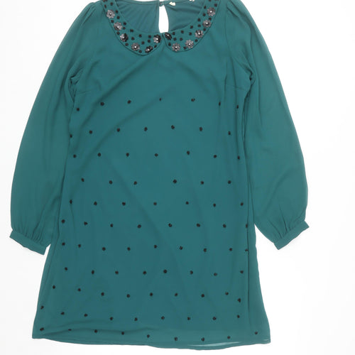 Yumi Women Green Size 14 Beaded Peter Pan Collar Shift Dress