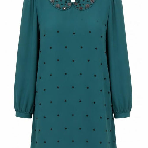 Yumi Women Green Size 14 Beaded Peter Pan Collar Shift Dress