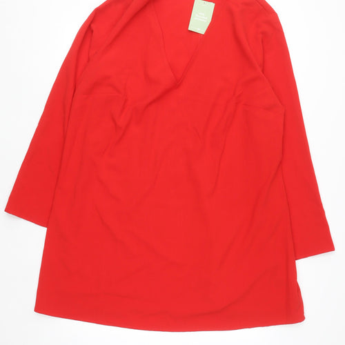 H&M Women Red Shift Dress Size 18 V-Neck Long Sleeve Woven