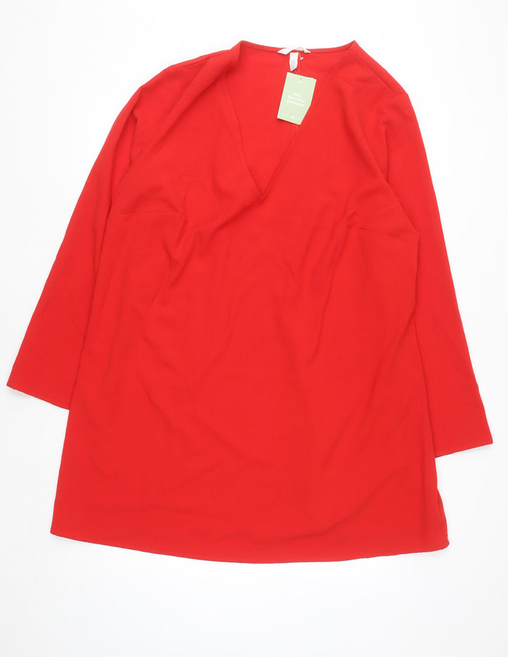 H&M Women Red Shift Dress Size 18 V-Neck Long Sleeve Woven