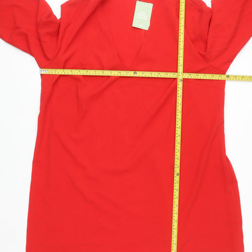 H&M Women Red Shift Dress Size 18 V-Neck Long Sleeve Woven