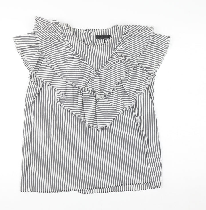 Zara Woman Black Striped Ruffle Sleeveless Blouse Size S