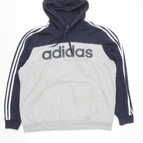 Adidas Men's Grey XL Pullover Hoodie with Logo and Stripe Detail