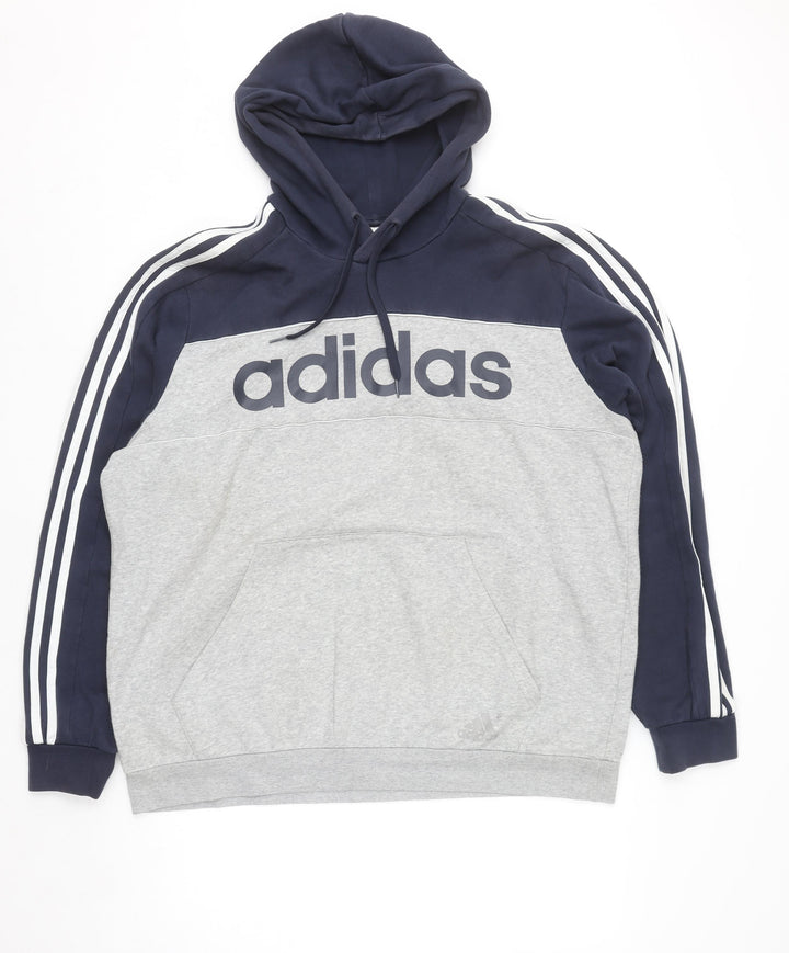 Adidas Men's Grey XL Pullover Hoodie with Logo and Stripe Detail
