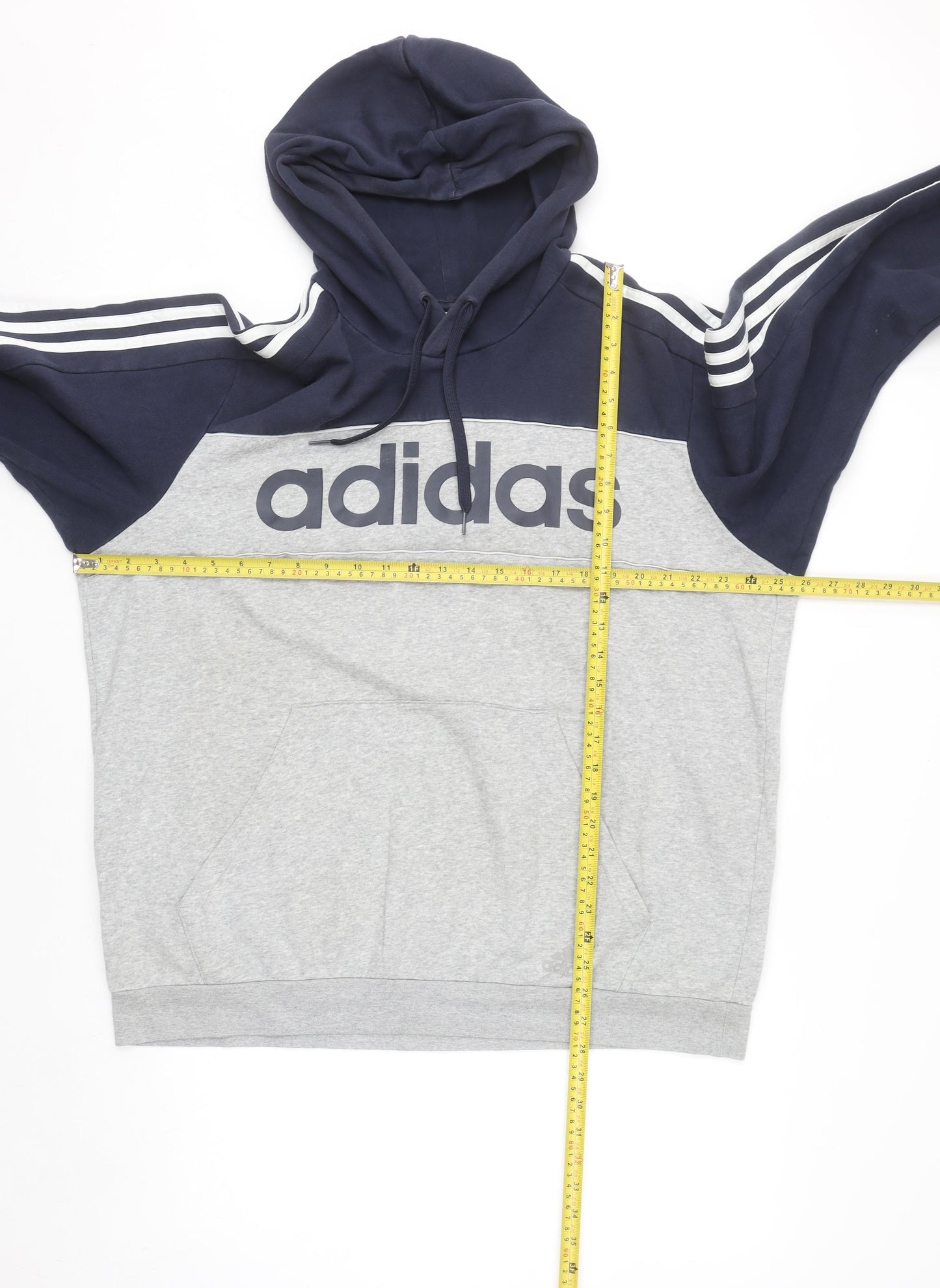 Adidas Men's Grey XL Pullover Hoodie with Logo and Stripe Detail