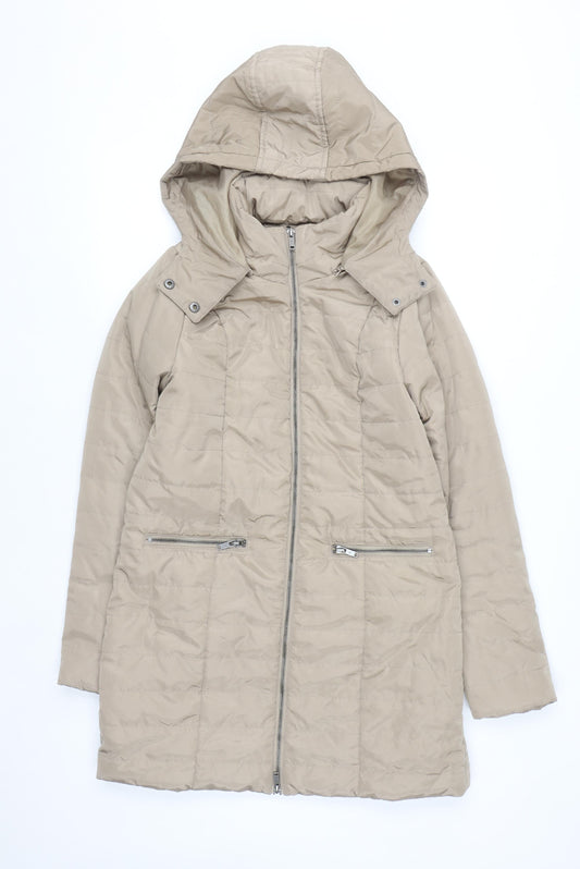 Noisy May Women Beige Long Puffer Coat Hooded Zip Size M