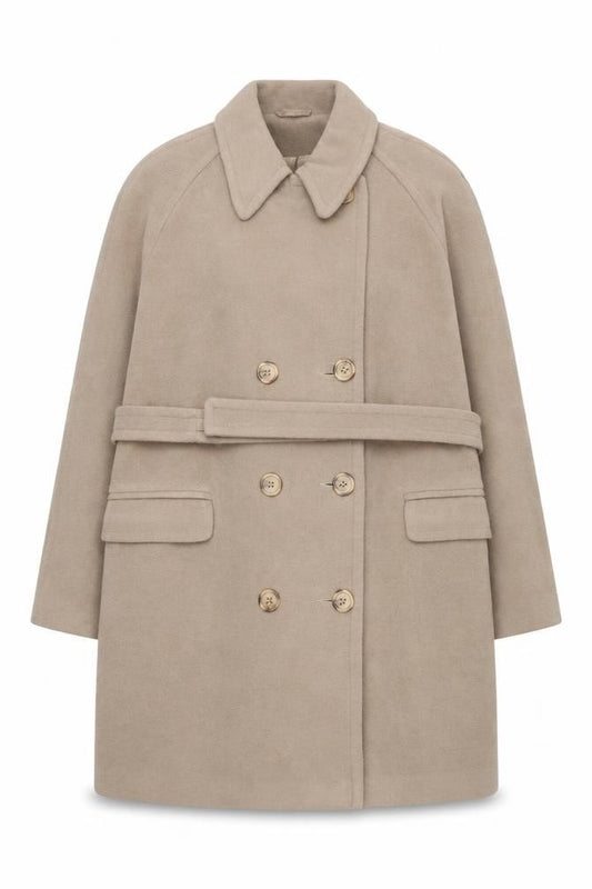 Front view of Principles Women's Beige Wool Cashmere Belted Trench Coat, size 18