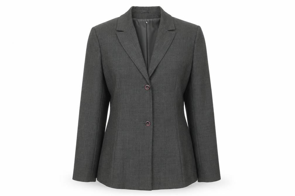 Front view of St Bernard Women’s Grey Two-Button Suit Jacket, size UK 14, Classic Fit
