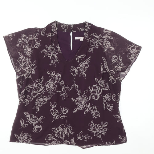 Jacques Vert Women's Purple Floral Chiffon V-Neck Tunic Blouse Size 18