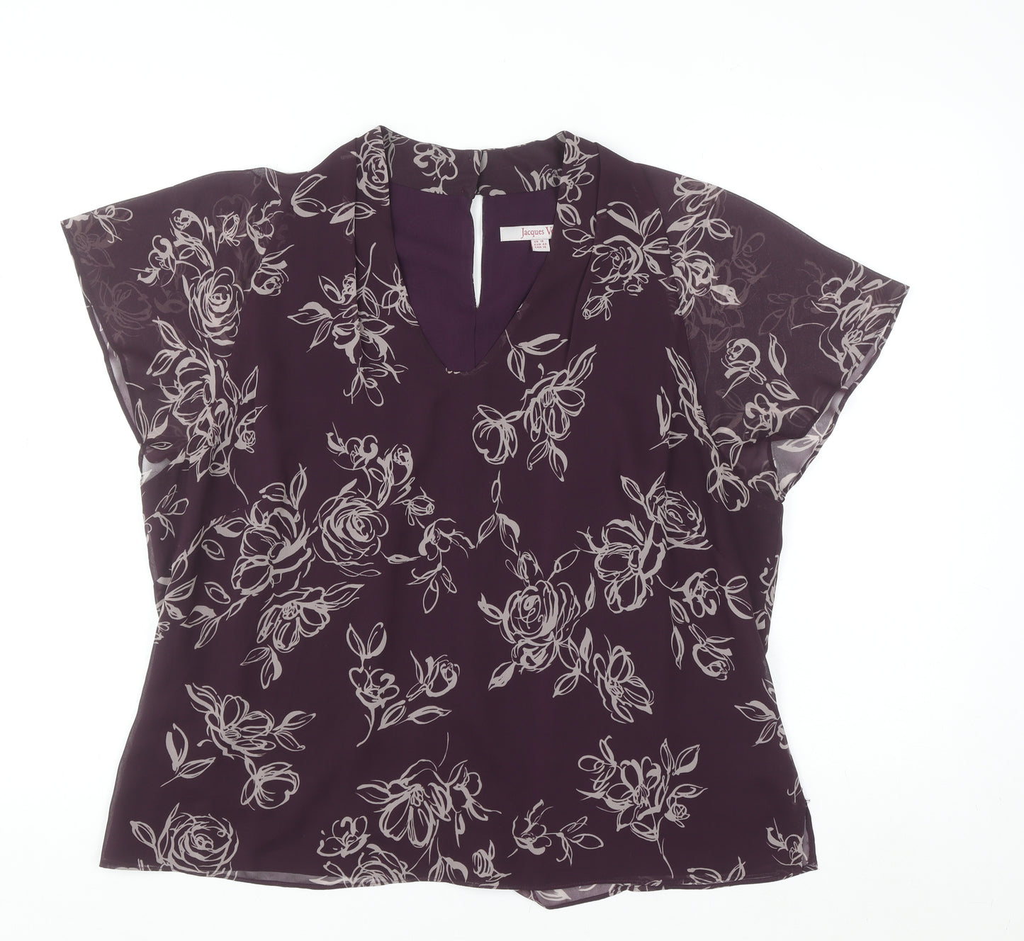 Jacques Vert Women's Purple Floral Chiffon V-Neck Tunic Blouse Size 18