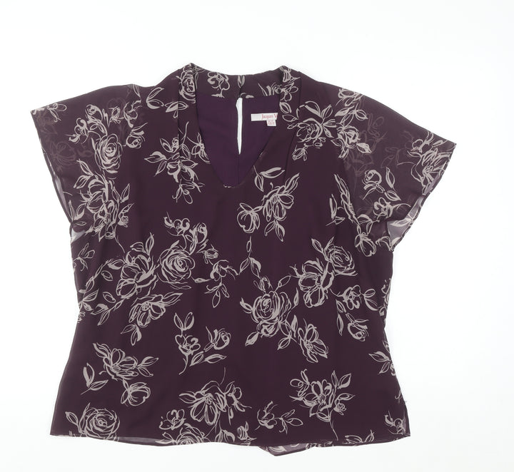 Jacques Vert Women's Purple Floral Chiffon V-Neck Tunic Blouse Size 18