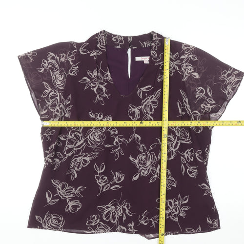 Jacques Vert Women's Purple Floral Chiffon V-Neck Tunic Blouse Size 18