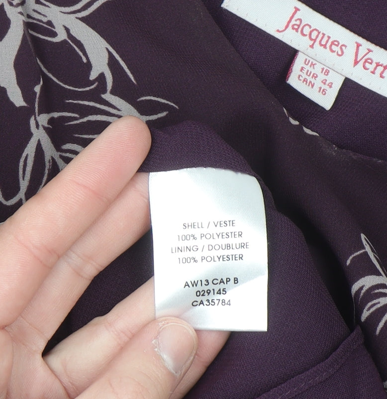 Jacques Vert Women's Purple Floral Chiffon V-Neck Tunic Blouse Size 18