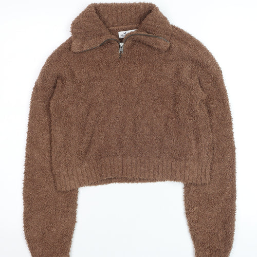 Hollister Women Brown Fleece 1/4 Zip Jumper XXS