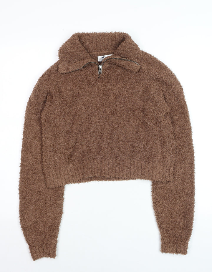 Hollister Women Brown Fleece 1/4 Zip Jumper XXS