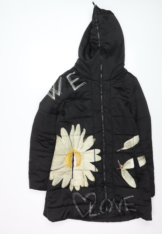 Desigual Women’s Black Floral Long Hooded Puffer Coat Size 14