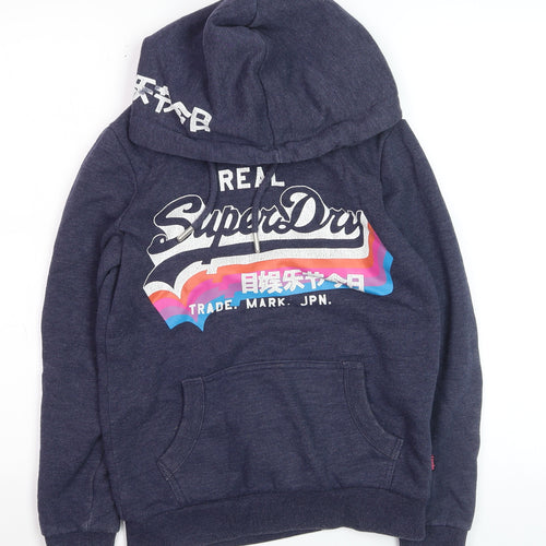 Superdry Women Navy Blue Pullover Hoodie UK 8 Cotton Blend Graphic Print