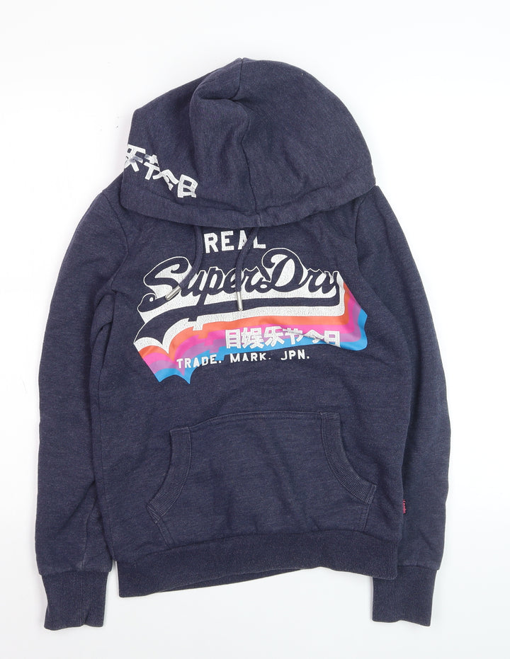 Superdry Women Navy Blue Pullover Hoodie UK 8 Cotton Blend Graphic Print