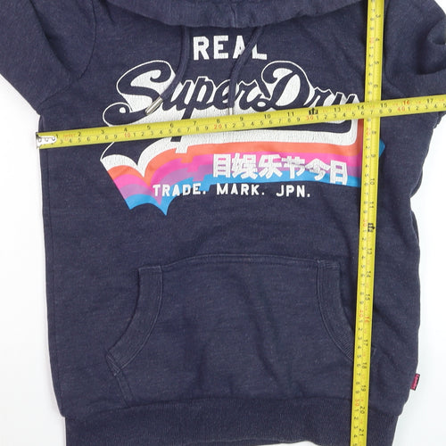 Superdry Women Navy Blue Pullover Hoodie UK 8 Cotton Blend Graphic Print