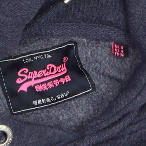 Superdry Women Navy Blue Pullover Hoodie UK 8 Cotton Blend Graphic Print