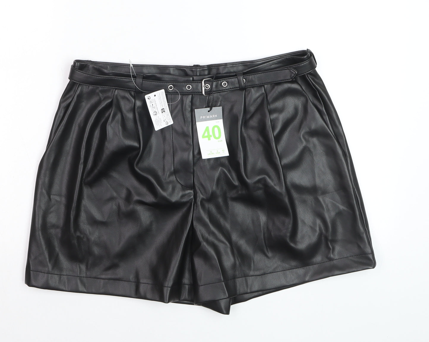 Primark Women Black Faux Leather Paperbag Shorts Size 12