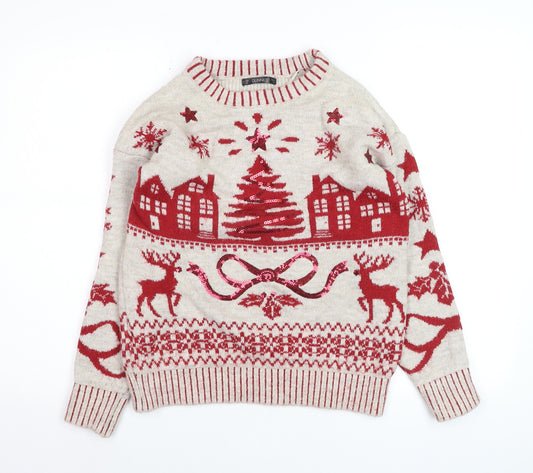 Dunnes Women Red Christmas Fair Isle Sequin Pullover Jumper Size S
