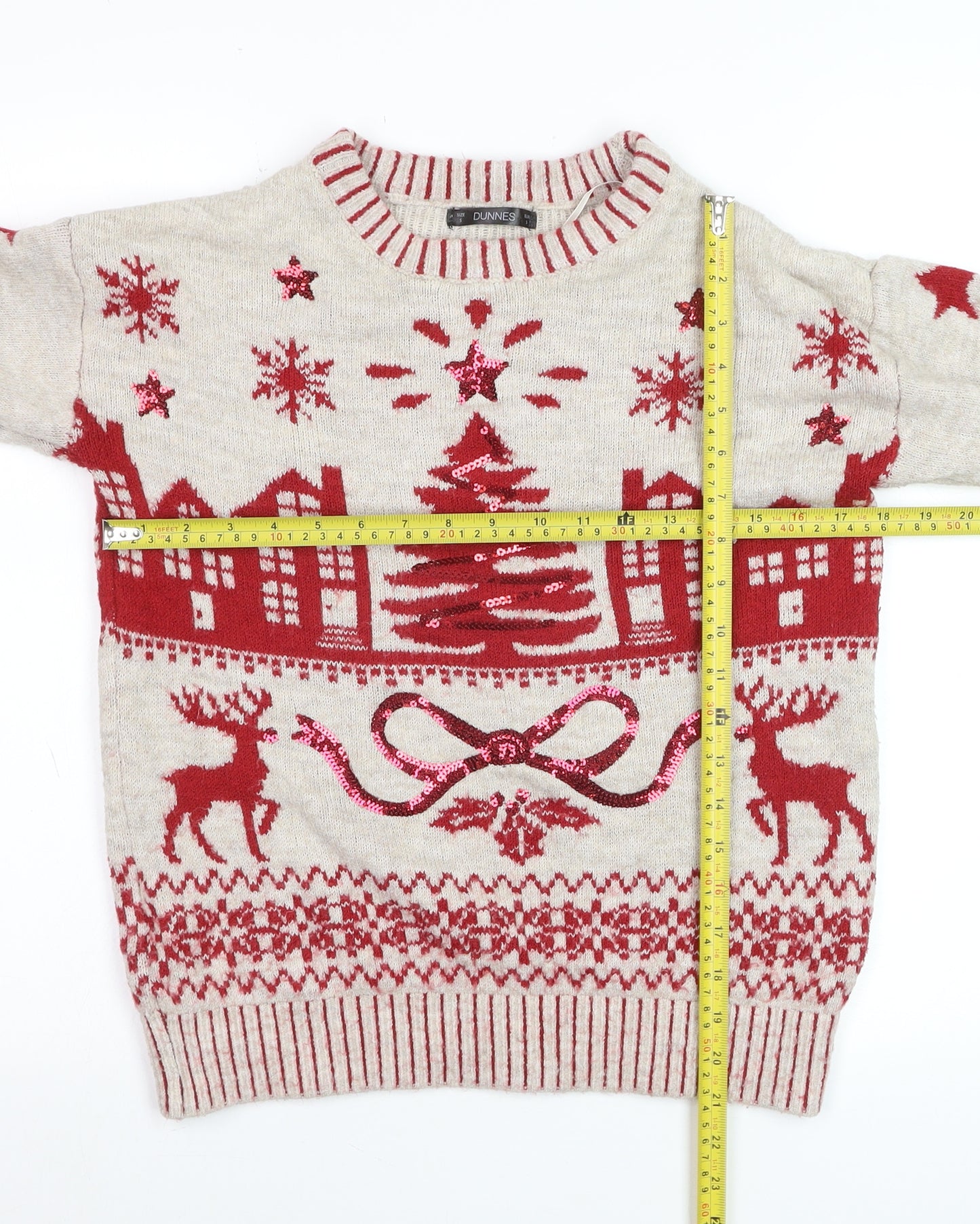 Dunnes Women Red Christmas Fair Isle Sequin Pullover Jumper Size S