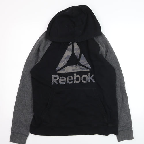 Reebok Mens Black Grey Pullover Hoodie Size M Fleece Sportswear