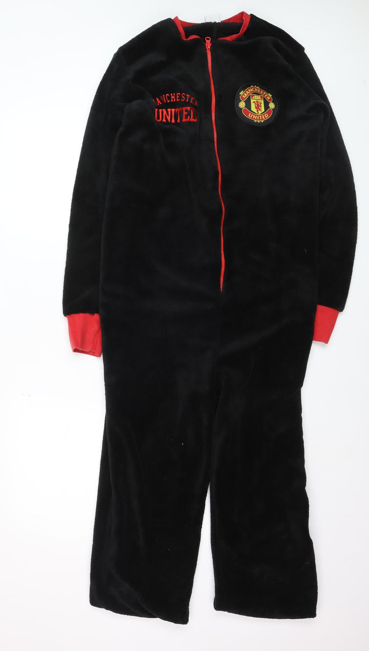 Manchester United Boys Black Fleece One Piece Pyjama S Zip Up Winter Nightwear
