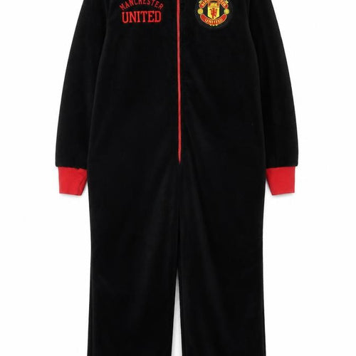 Manchester United Boys Black Fleece One Piece Pyjama S Zip Up Winter Nightwear