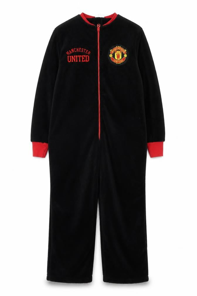 Manchester United Boys Black Fleece One Piece Pyjama S Zip Up Winter Nightwear