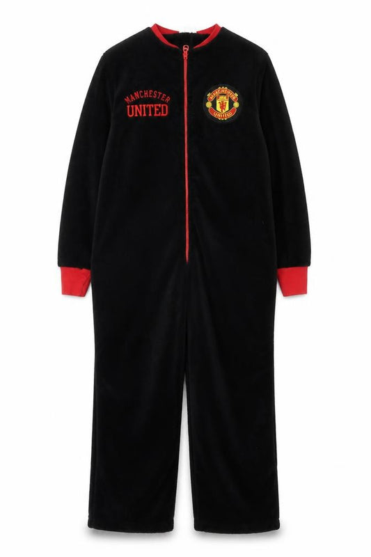 Manchester United Boys Black Fleece One Piece Pyjama S Zip Up Winter Nightwear