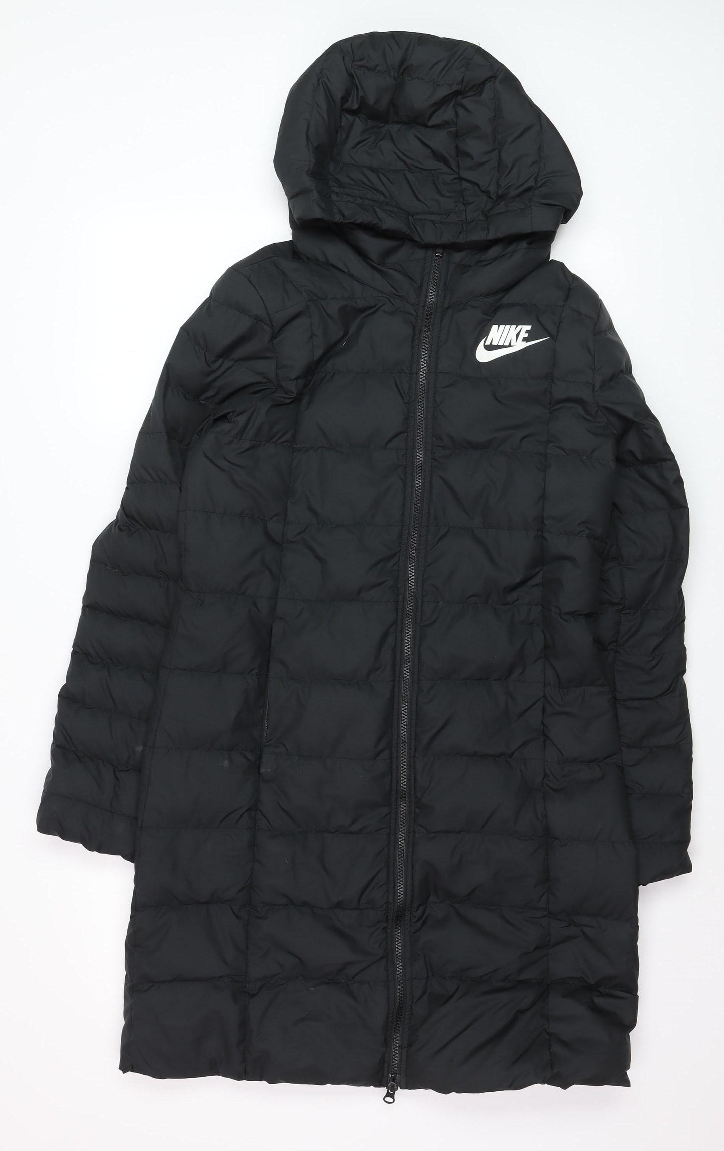 Nike Womens Black Long Puffer Coat Hooded Size S Lightweight