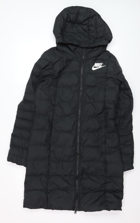 Nike Womens Black Long Puffer Coat Hooded Size S Lightweight