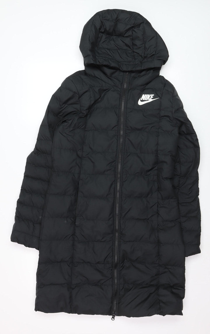 Nike Womens Black Long Puffer Coat Hooded Size S Lightweight