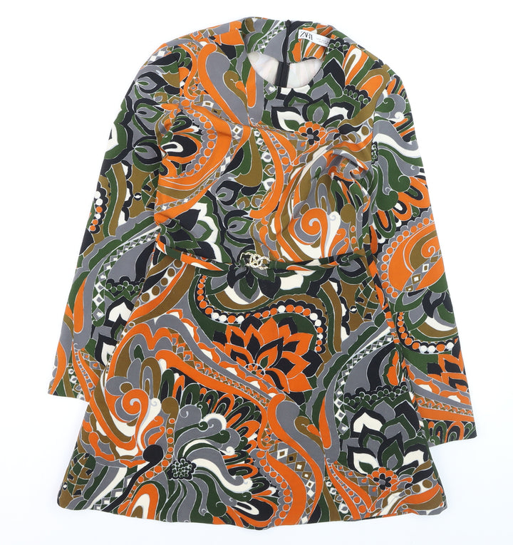 Zara Women Multicoloured Paisley Shift Dress Size 8 Long Sleeve Retro Style