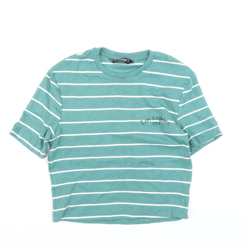 Dunnes Women's Green Striped Cropped T-Shirt M
