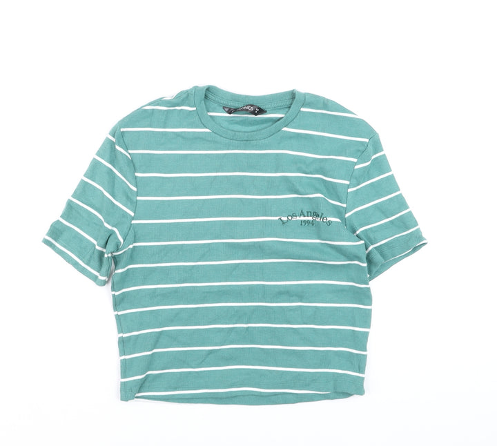 Dunnes Women's Green Striped Cropped T-Shirt M
