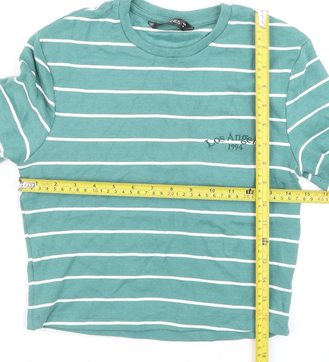 Dunnes Women's Green Striped Cropped T-Shirt M