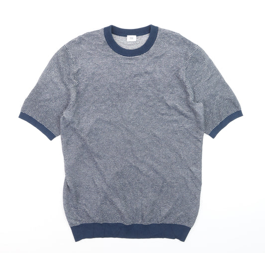 SPOKE Men's Blue Striped Short Sleeve Slim Fit Knit Jumper M