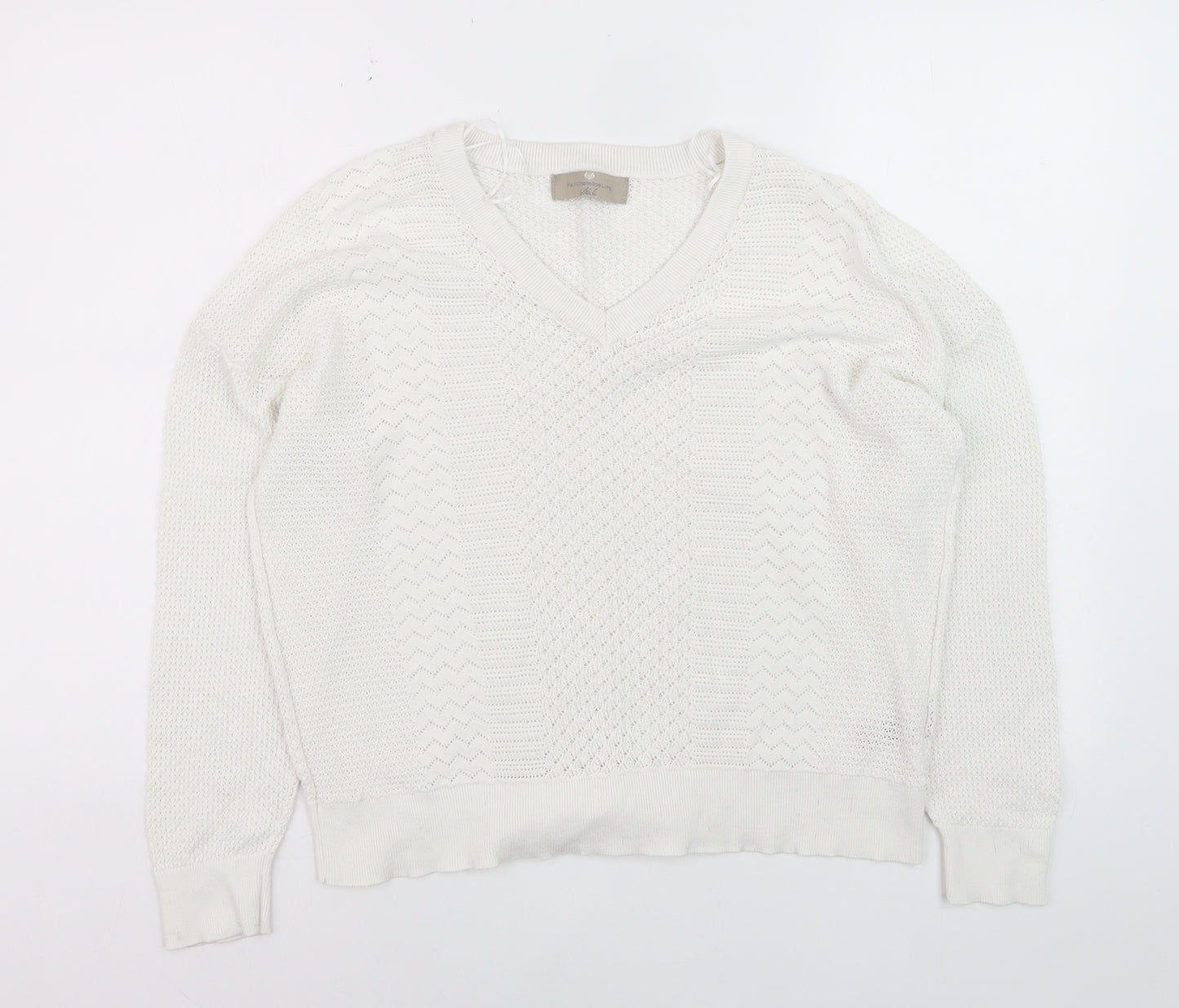 Paul Costelloe Women Ivory V-Neck Cotton Knit Jumper XL