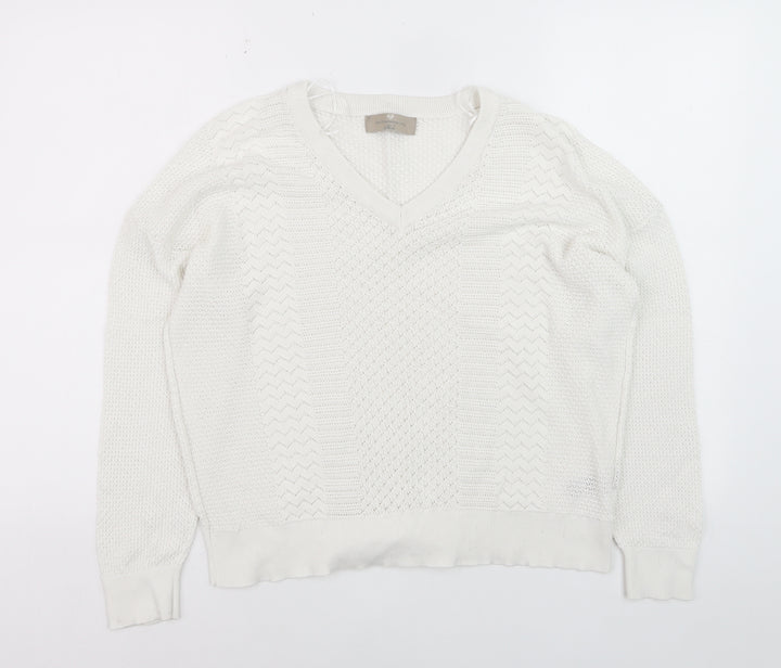 Paul Costelloe Women Ivory V-Neck Cotton Knit Jumper XL