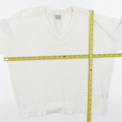 Paul Costelloe Women Ivory V-Neck Cotton Knit Jumper XL