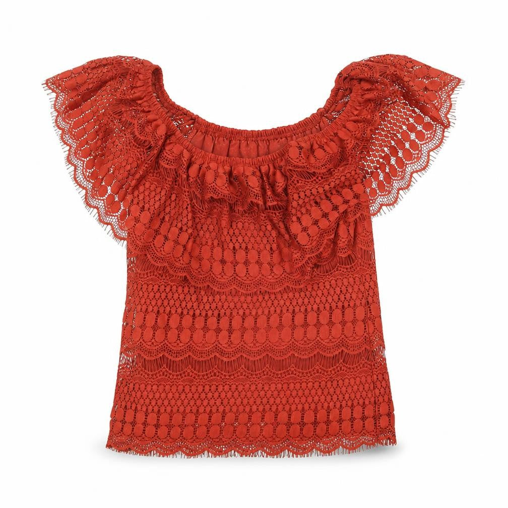 Front view of Atmosphere Women’s Red Lace Off Shoulder Blouse, size UK 10