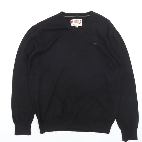 Mustang Men's Black V-Neck Cotton Pullover Jumper Size L